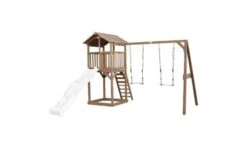 Beach Tower Speeltoren Met Dubbele Schommel Bruin Witte Glijbaan