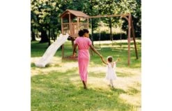 Beach Tower Speeltoren Met Dubbele Schommel Bruin Witte Glijbaan -Buitenspeelgoed Winkel 56 3 1