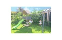 EXIT Aksent Speeltoren Met Aanbouwschommel (2 Schommels) -Buitenspeelgoed Winkel exit aksent houten speeltoren met 2 zits schommel grijs 1